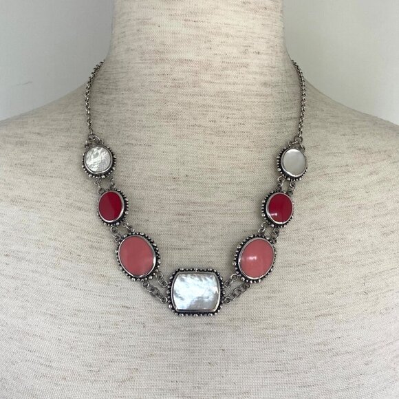 Sterling Silver 925 Chunky Mother Of Pearl Pink Red Rolo Chain Panel Necklace - Picture 1 of 16